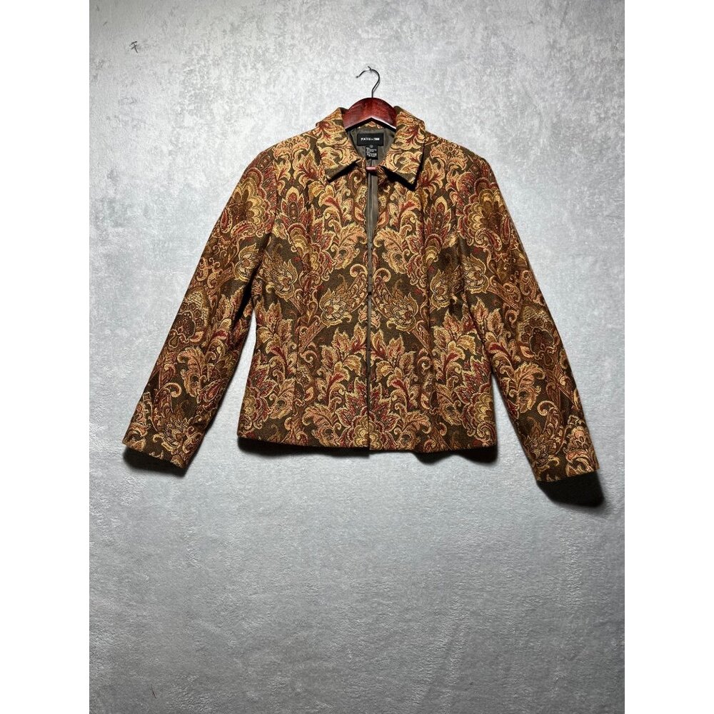 Vintage Focus 2000 Womens Jacquard Tapestry Jacket Sz 12 Brown Gold Long Sleeve